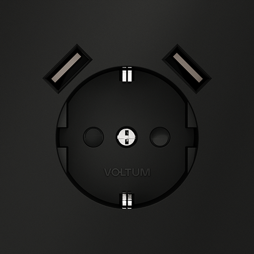 Розетка встраиваемая VOLTUM S70 с заземлением и защитными шторками, 16А, с USB, A+A, (черный матовый