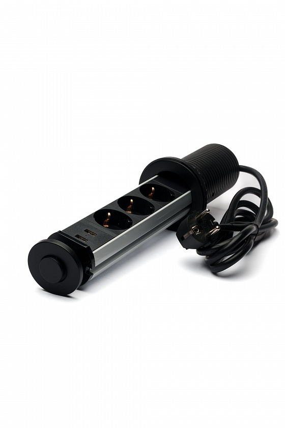 Выдвижной вертикальный блок в столешницу 3 розетки + 2 х  USB черный Elwatt